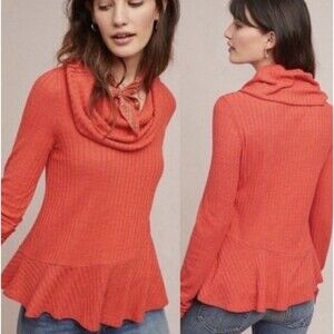 Maeve Anthropologie Large Coral Red Cowl Neck Ribbed Peplum Long Sleeve Top